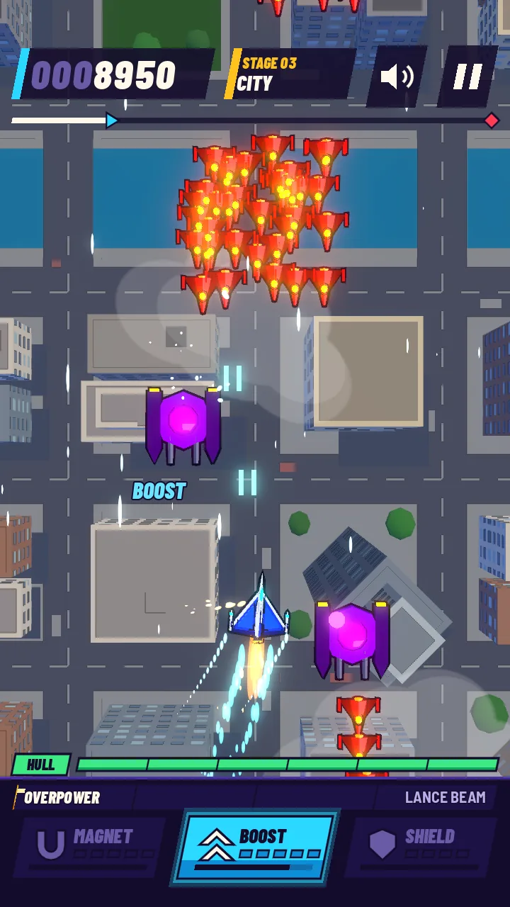 Stage 3, the city: a wave of enemies over the streets