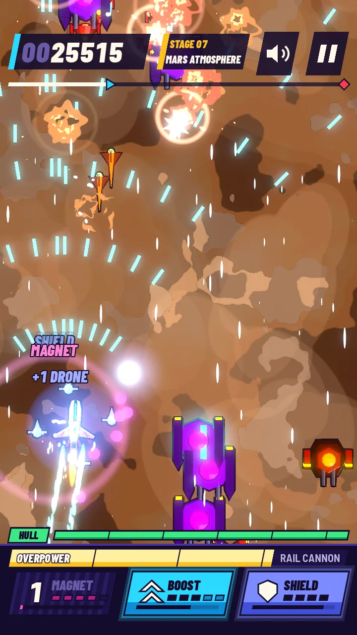 Stage 7, the Martian atmosphere, with drones at the ship's side